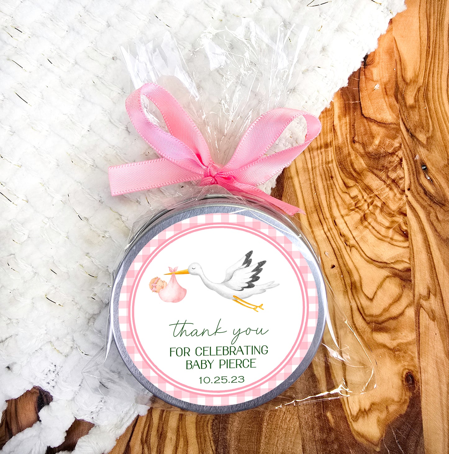 a baby shower gift with a stork on it