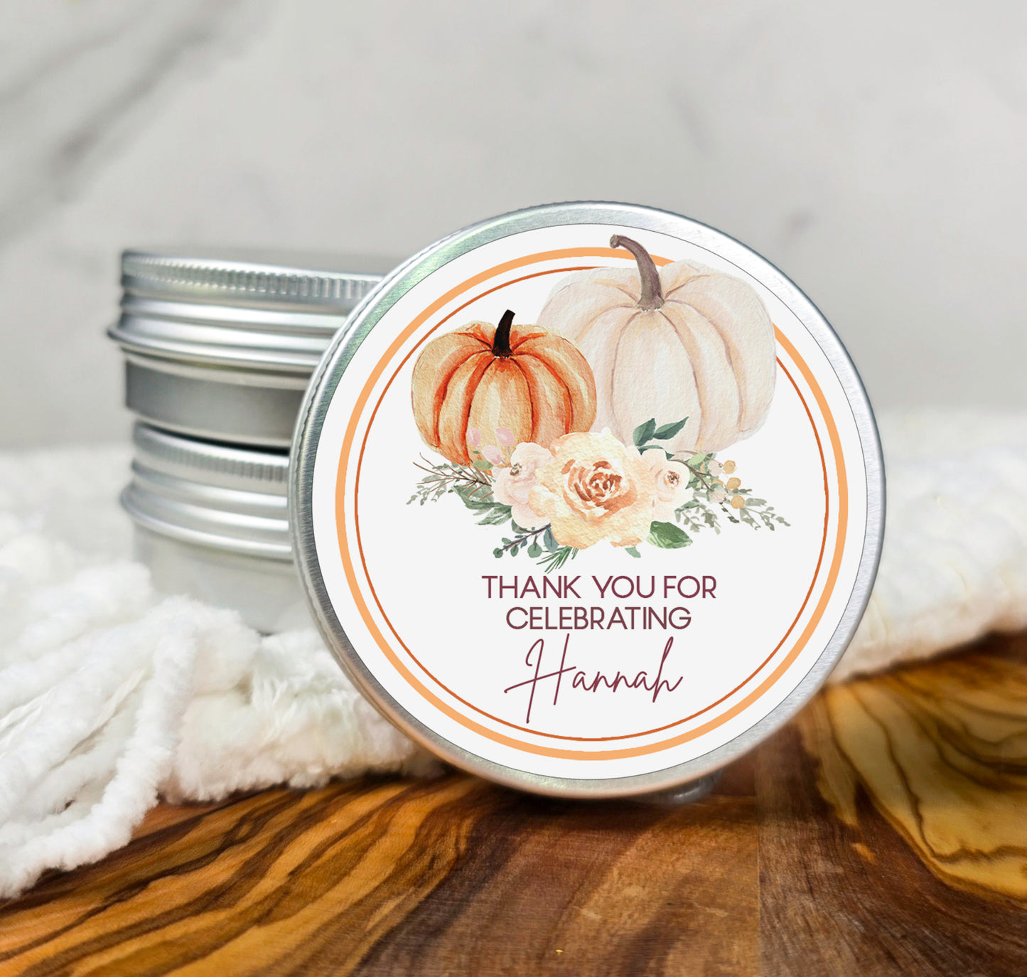 a jar of thank you for celebrating with pumpkins