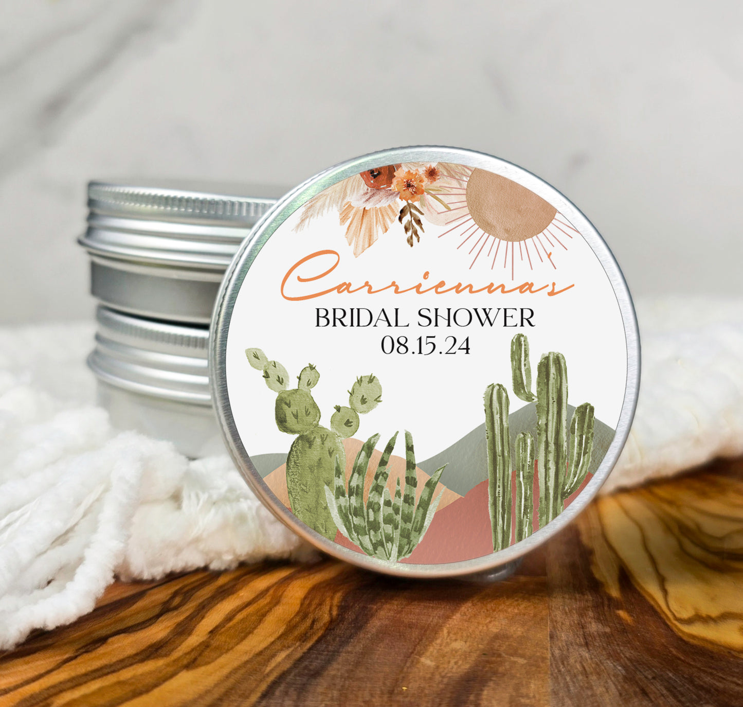 a small tin of desert themed bridal shower