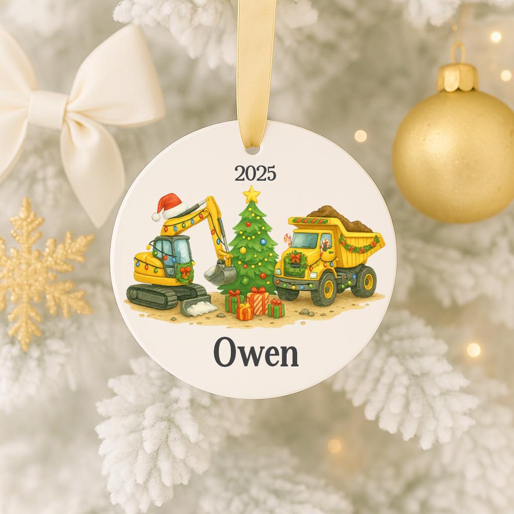 Personalized Construction Ornament 2025 • Excavator and Dump Truck Gift for Kids