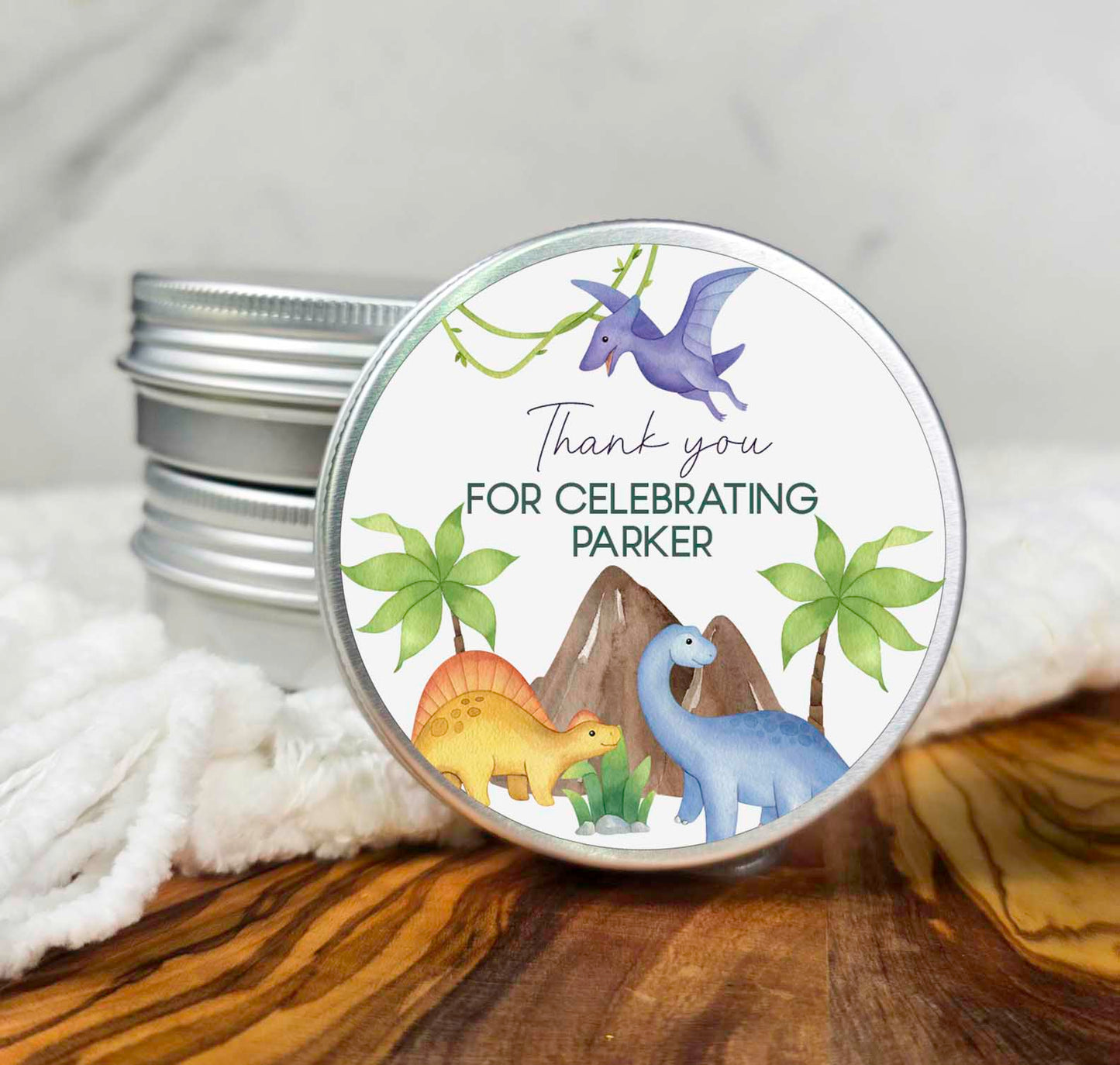 a tin of birthday candles with dinosaurs on it
