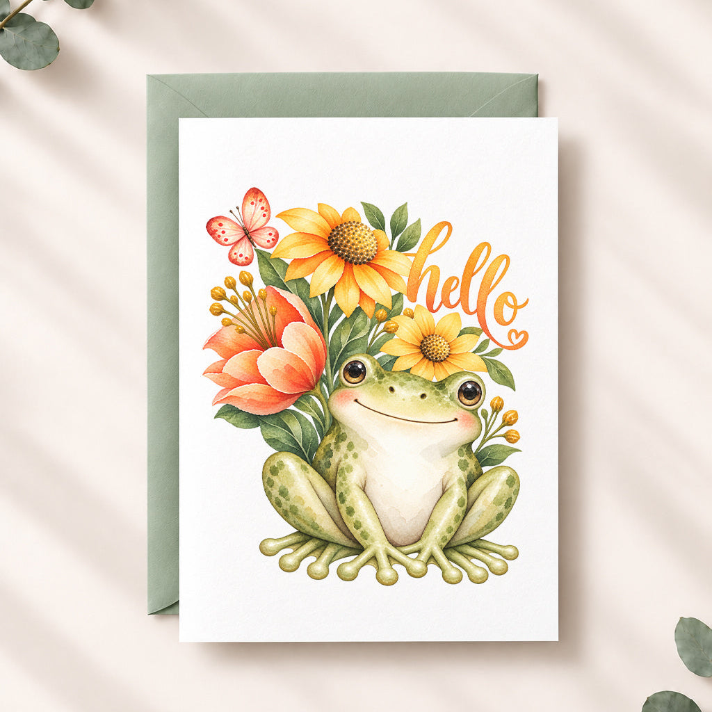 A greeting card with a watercolor illustration of a green frog surrounded by yellow sunflowers, orange flowers, a butterfly, and the word 'hello' in orange script, shown with a sage green envelope on a light beige background with decorative eucalyptus leaves.