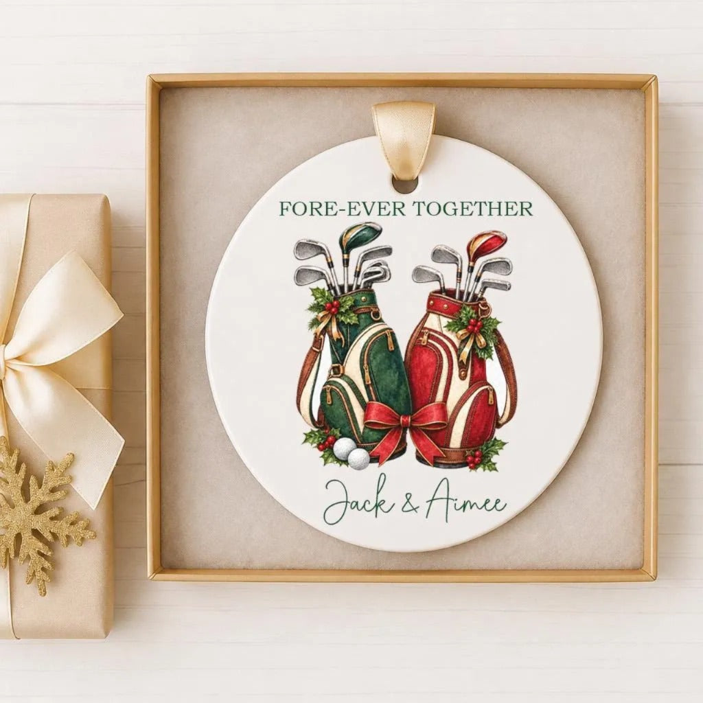 A white ceramic ornament with a golf bag and clubs, along with the text "FOREVER TOGETHER" and "Jack & Aimee" written on it.