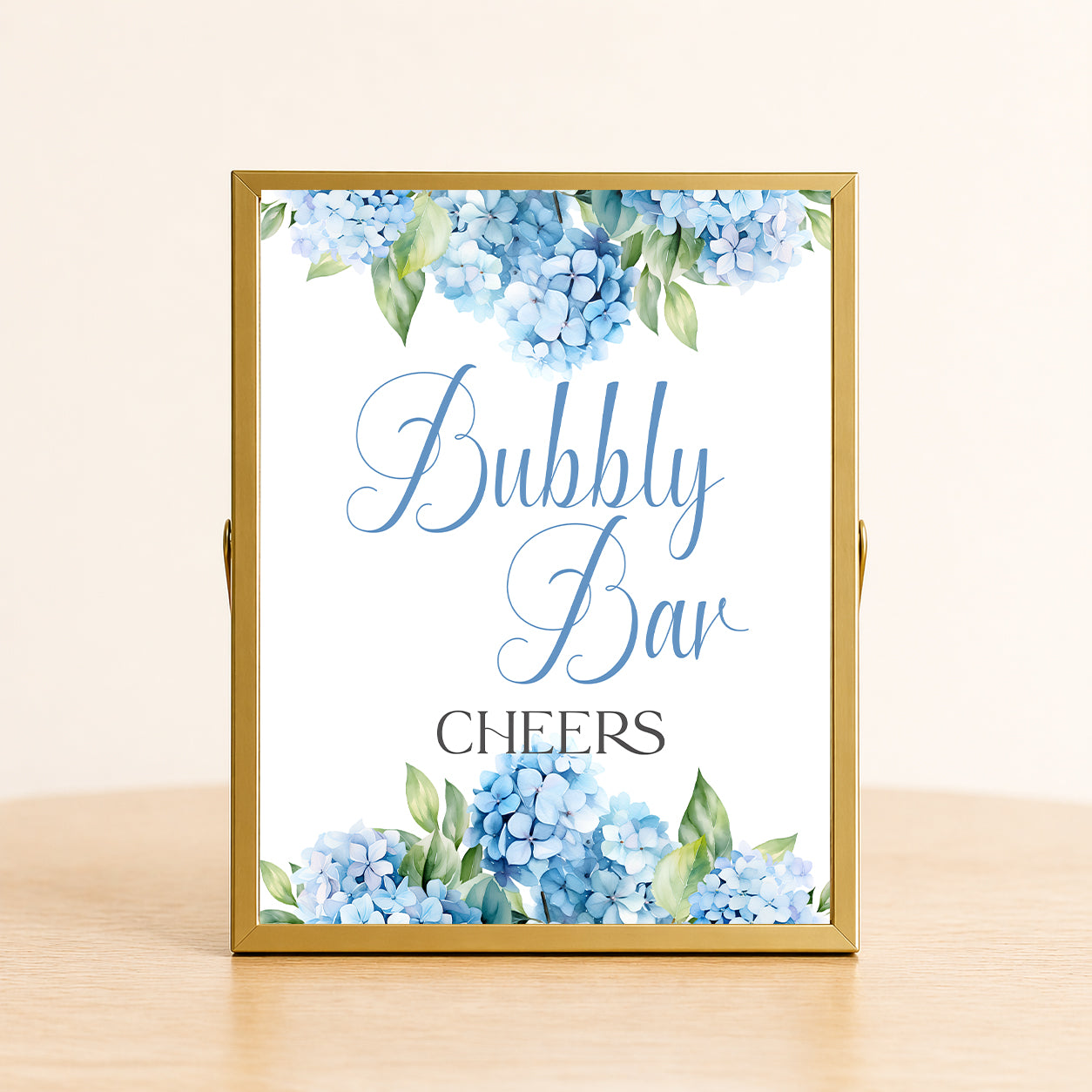Drink station sign bubbly bar blue floral hydrangea party decor