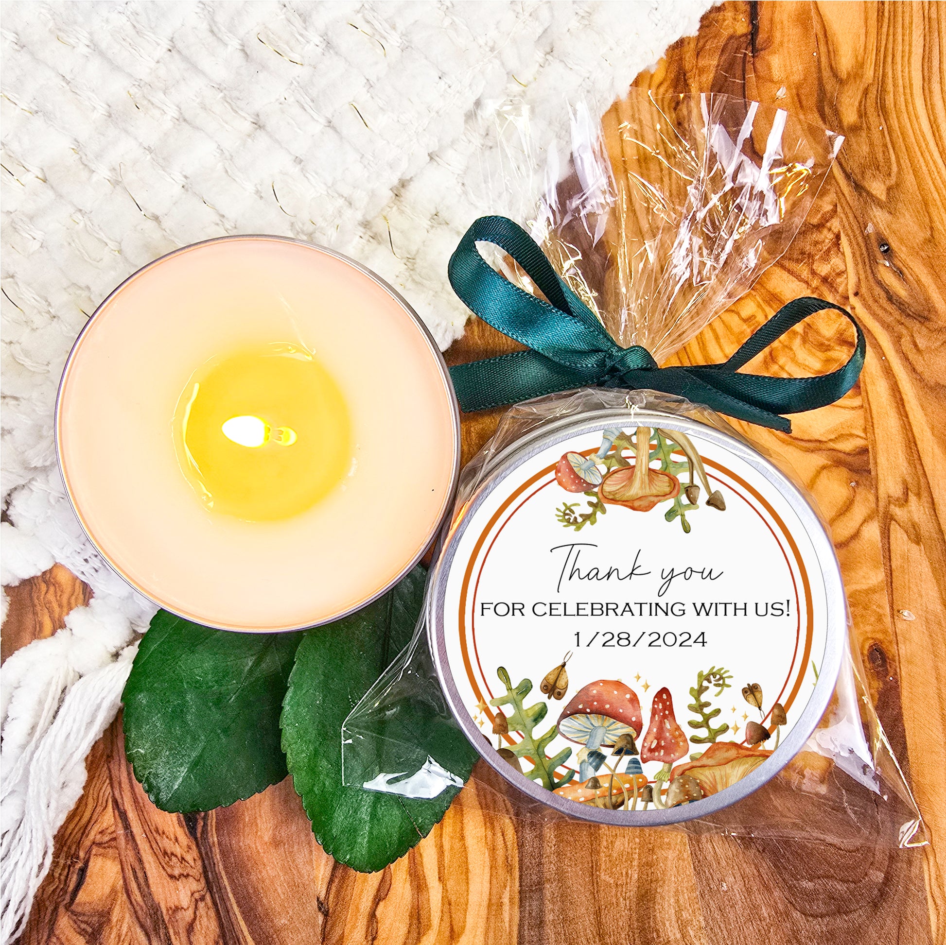 a candle with a label on it sitting on a table