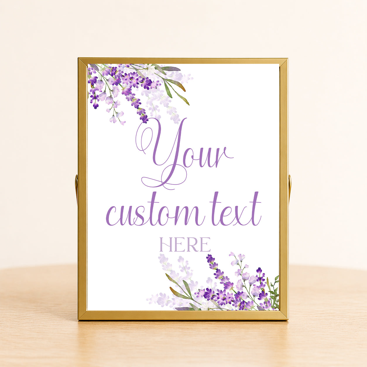 Elegant lavender floral event sign with custom wording displayed in a gold frame for bridal showers, weddings, baby showers, and garden party décor.