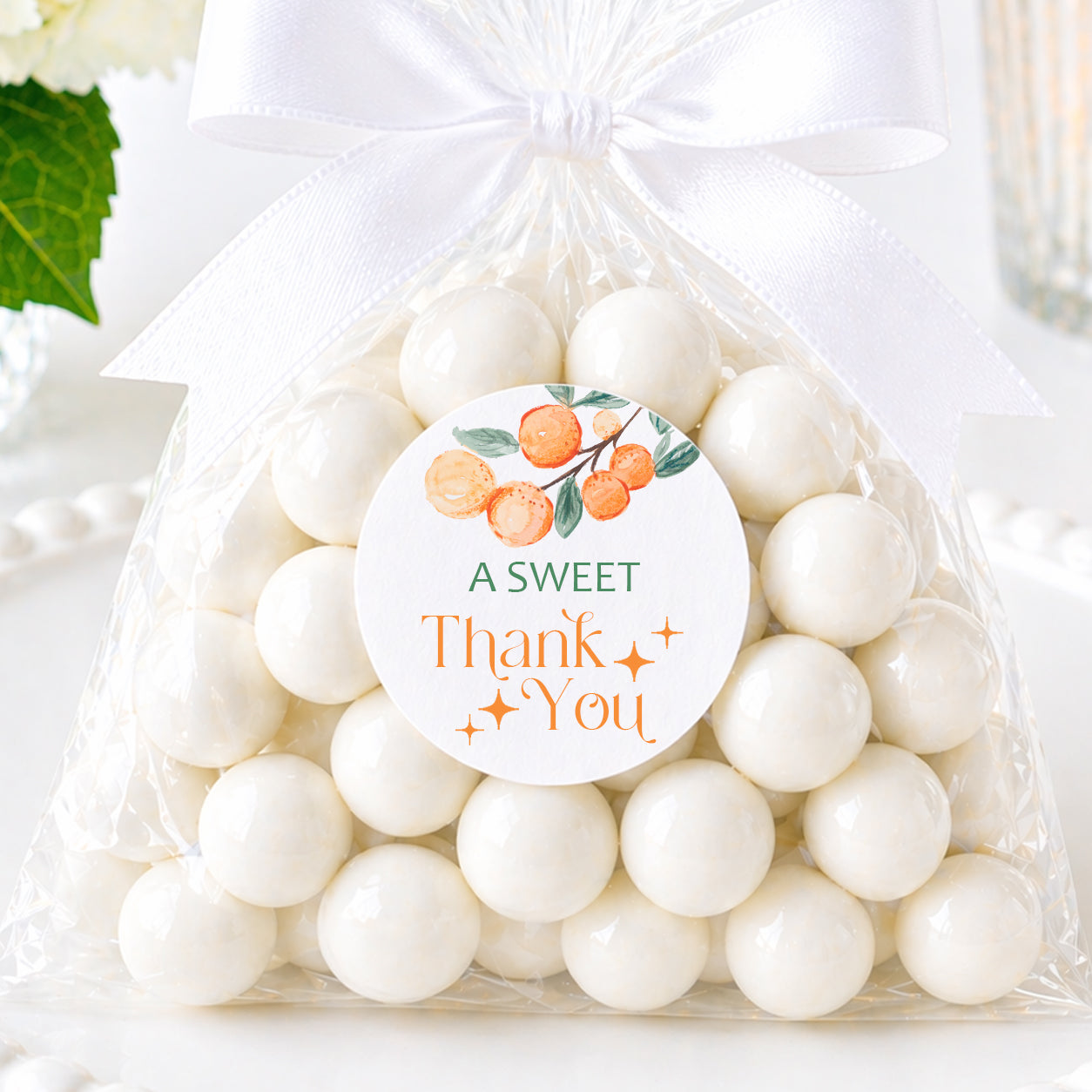 Adorable cutie citrus “A Sweet Thank You” stickers for baby showers and events. Perfect for favor bags, dessert tables, and gift packaging.