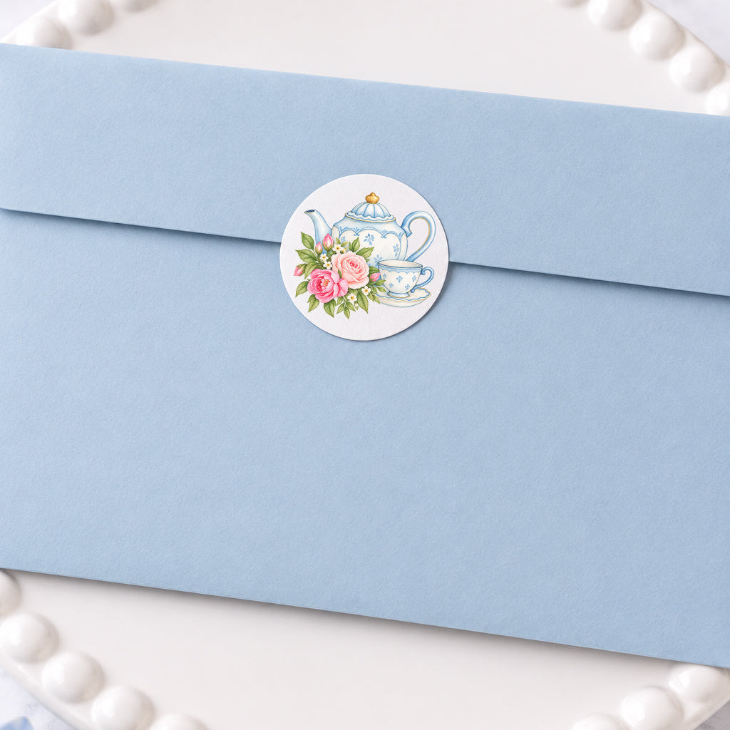 A light blue envelope with a round white sticker featuring a blue teapot and pink roses, placed on a white beaded plate over a marble surface.
