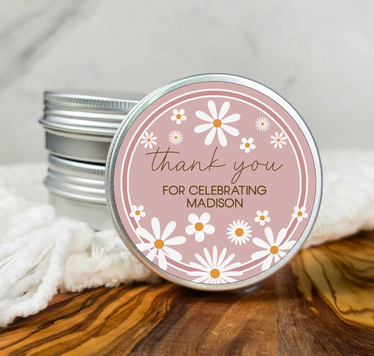 thank you for celebrating madison with daisies in a tin