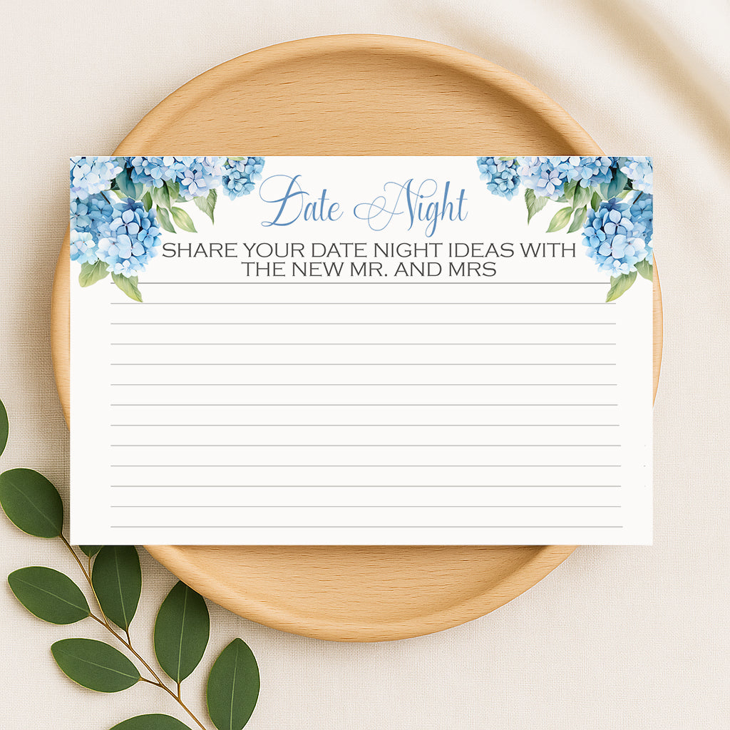 Blue hydrangea date night ideas card wedding shower game for guests