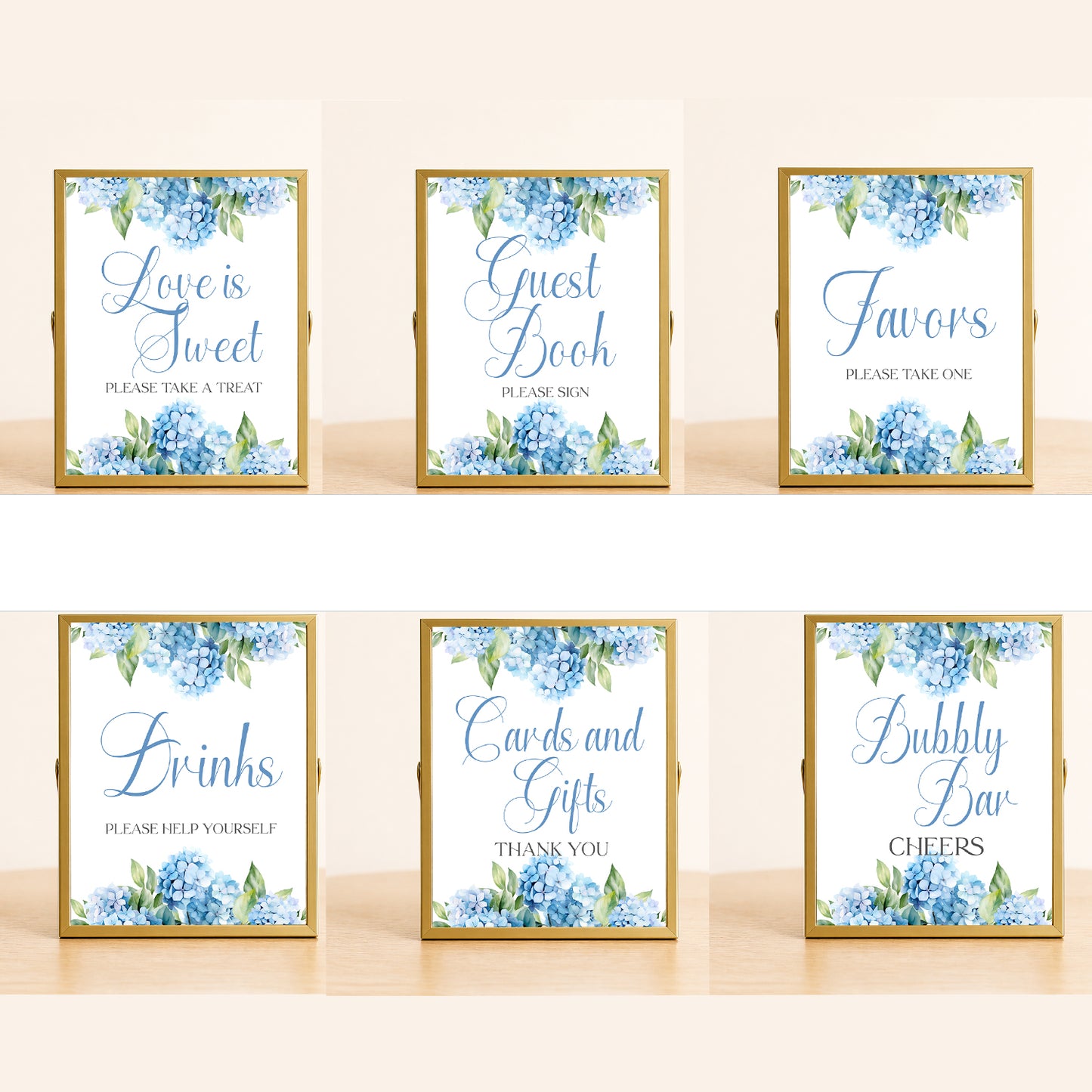 Hydrangea bridal shower sign set blue floral party signs dessert drinks favors