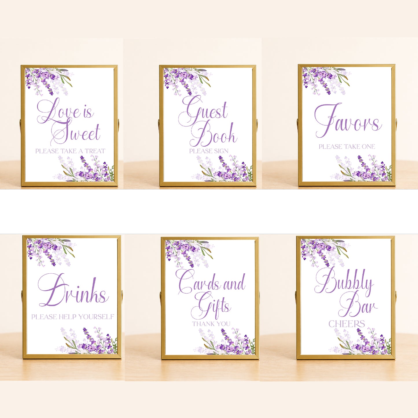 Lavender wedding sign set with six purple floral signs including guest book, favors, drinks, bubbly bar, cards and gifts, and dessert table decor for bridal shower or wedding.