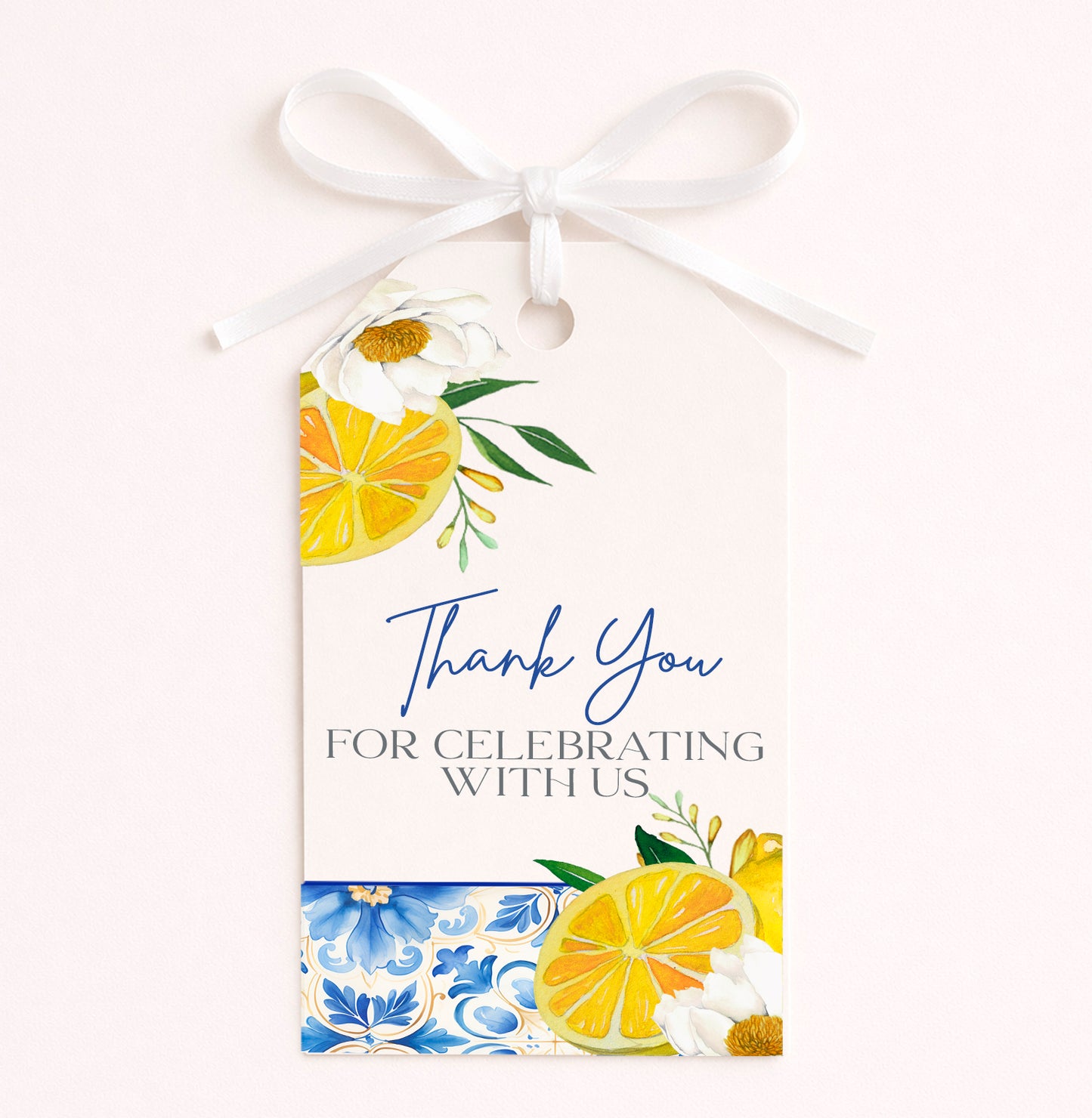 Mediterranean lemon favor tag with blue tile pattern, Amalfi Coast wedding tag, Italian citrus bridal shower favor tag