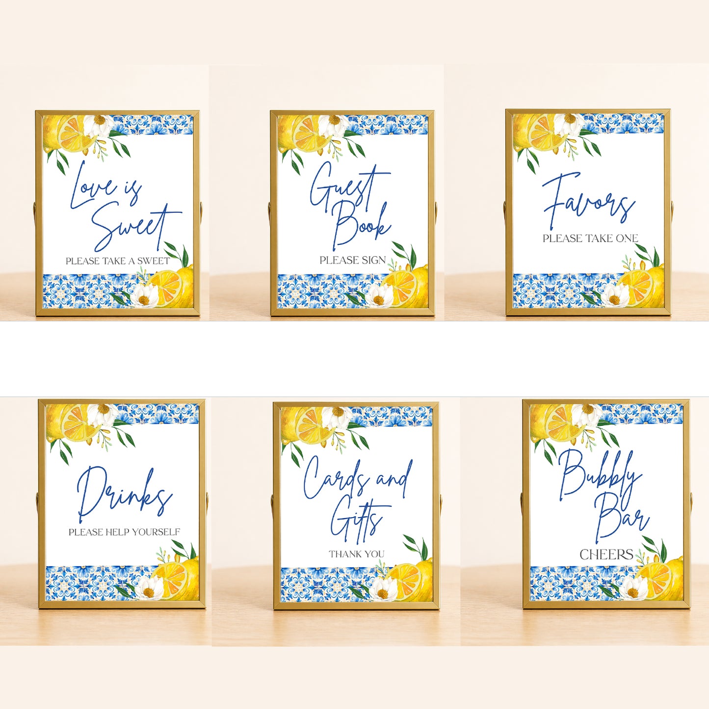 Amalfi Coast wedding sign set with lemon illustrations and blue Mediterranean tile pattern, featuring six framed signs for bridal shower or wedding including guest book, favors, drinks, bubbly bar, and dessert table decor.