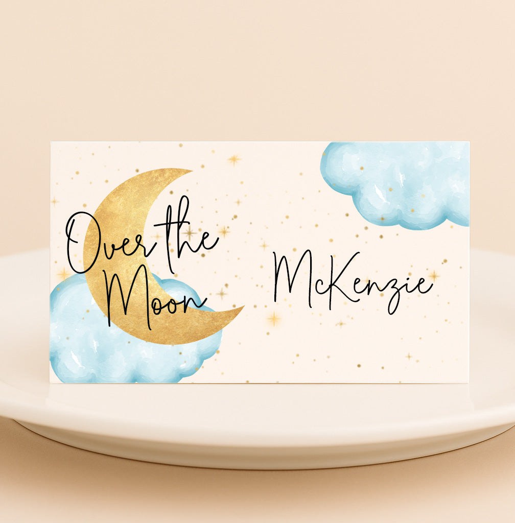 Over the Moon Baby Shower Place Cards | Set of 12 | Moon & Clouds Table Cards