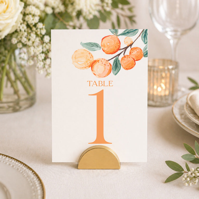 Elegant citrus table numbers with gold stands. Perfect for weddings, baby showers, and “Little Cutie” themed events.
