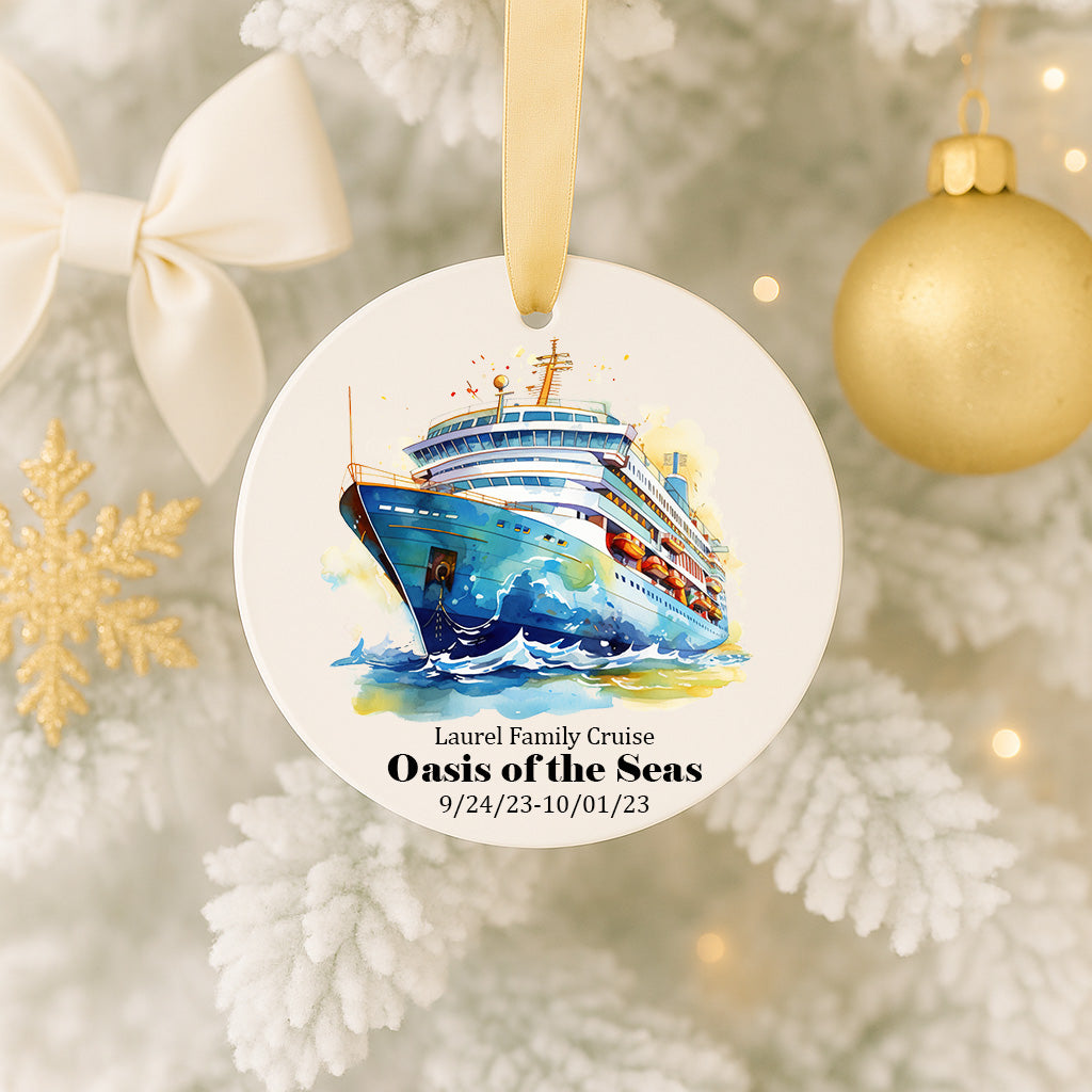 A white ornament with a picture of a cruise ship and the text "Laurel Family Cruise Oases of the Seas 9/24/23 10/01/23" hanging on a Christmas tree.