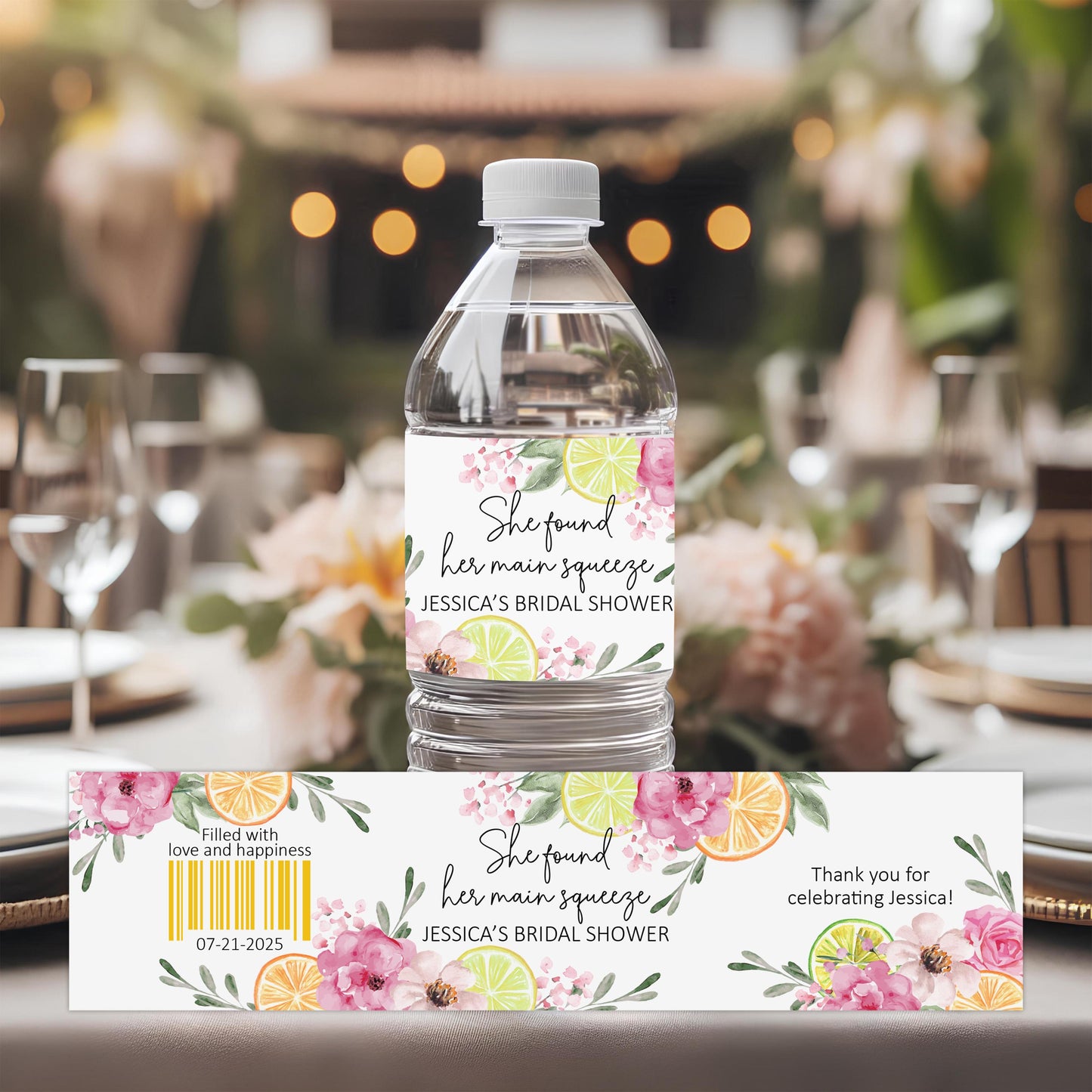 Citrus Bridal Shower Water Bottle Stickers, Personalized Lemon Themed Labels for Bridal Shower Favors, found her main squeeze,