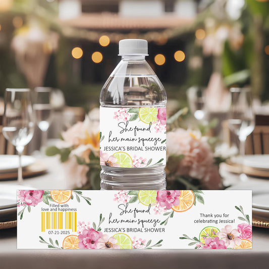 Citrus Bridal Shower Water Bottle Stickers, Personalized Lemon Themed Labels for Bridal Shower Favors, found her main squeeze,