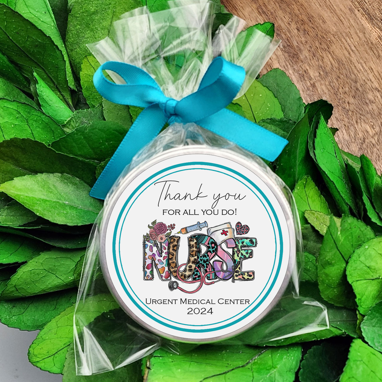 a jar of nurse appreciation candy with a blue ribbon