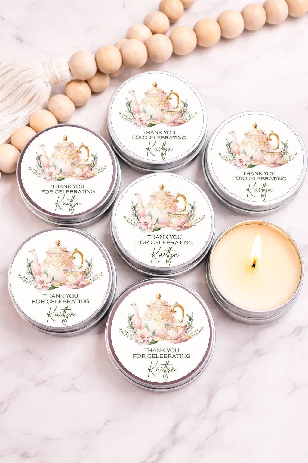 Tea Party Candle Favors: Personalized Soy Wax Bridal Shower Decor