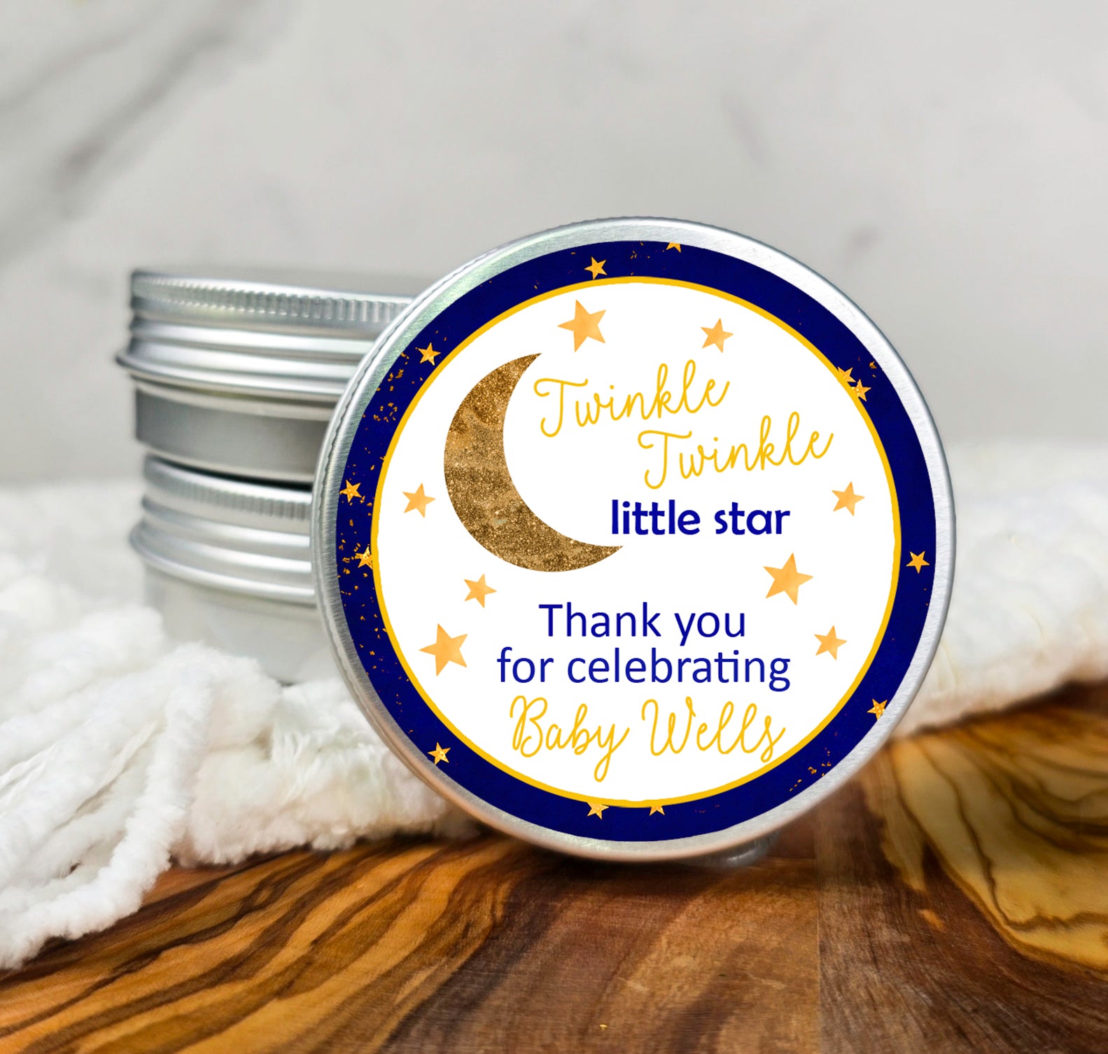a tin of twinkle twinkle little star thank you for celebrating baby shower
