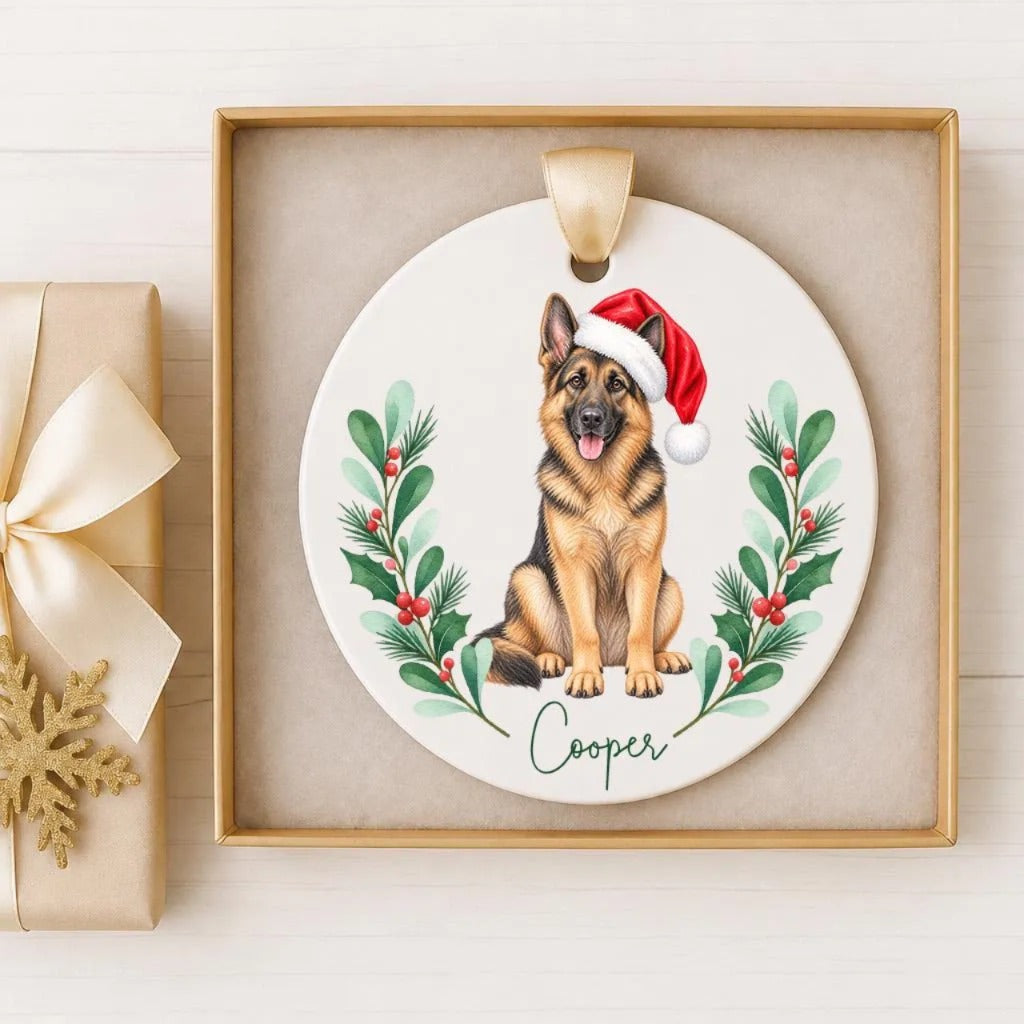 A ceramic ornament featuring a German Shepherd dog wearing a Santa hat, surrounded by a wreath of holly and berries. The name "Cooper" is written below the dog.