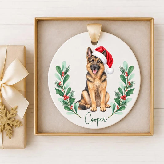 A ceramic ornament featuring a German Shepherd dog wearing a Santa hat, surrounded by a wreath of holly and berries. The name "Cooper" is written below the dog.