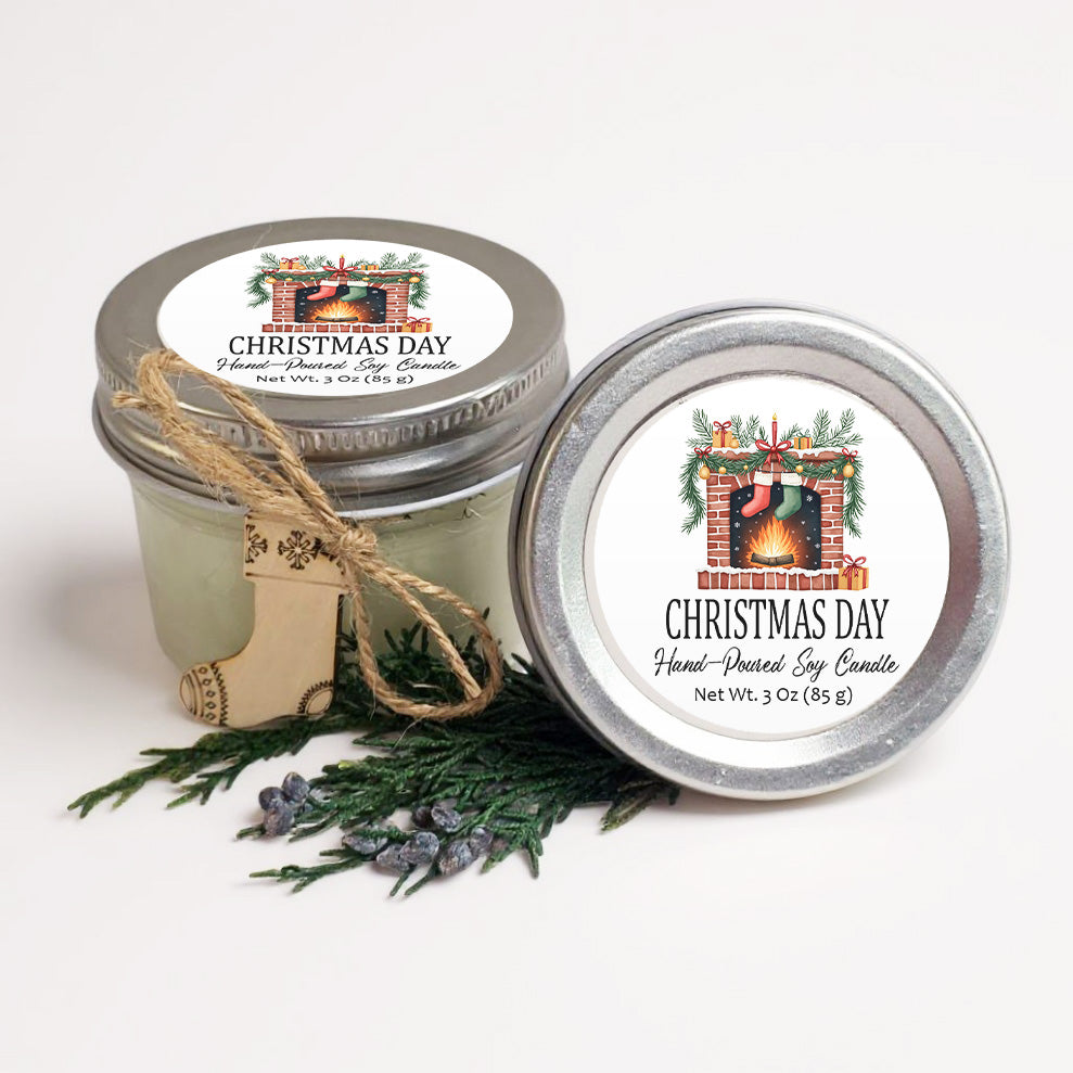 two jars of hand-poured soy candles, one with a label that reads "Christmas Day" and the other with a label that reads "Christmas Day Hand-Poured Soy Candle".