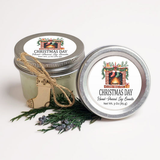 two jars of hand-poured soy candles, one with a label that reads "Christmas Day" and the other with a label that reads "Christmas Day Hand-Poured Soy Candle".