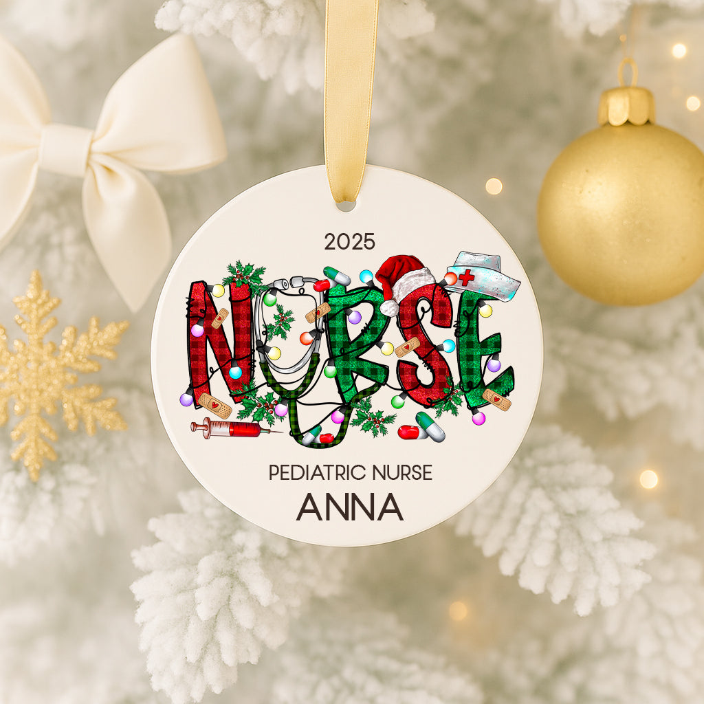 A white ornament with the word "NURSE" written in colorful letters, surrounded by Christmas decorations such as a gold ornament and a snowflake.
