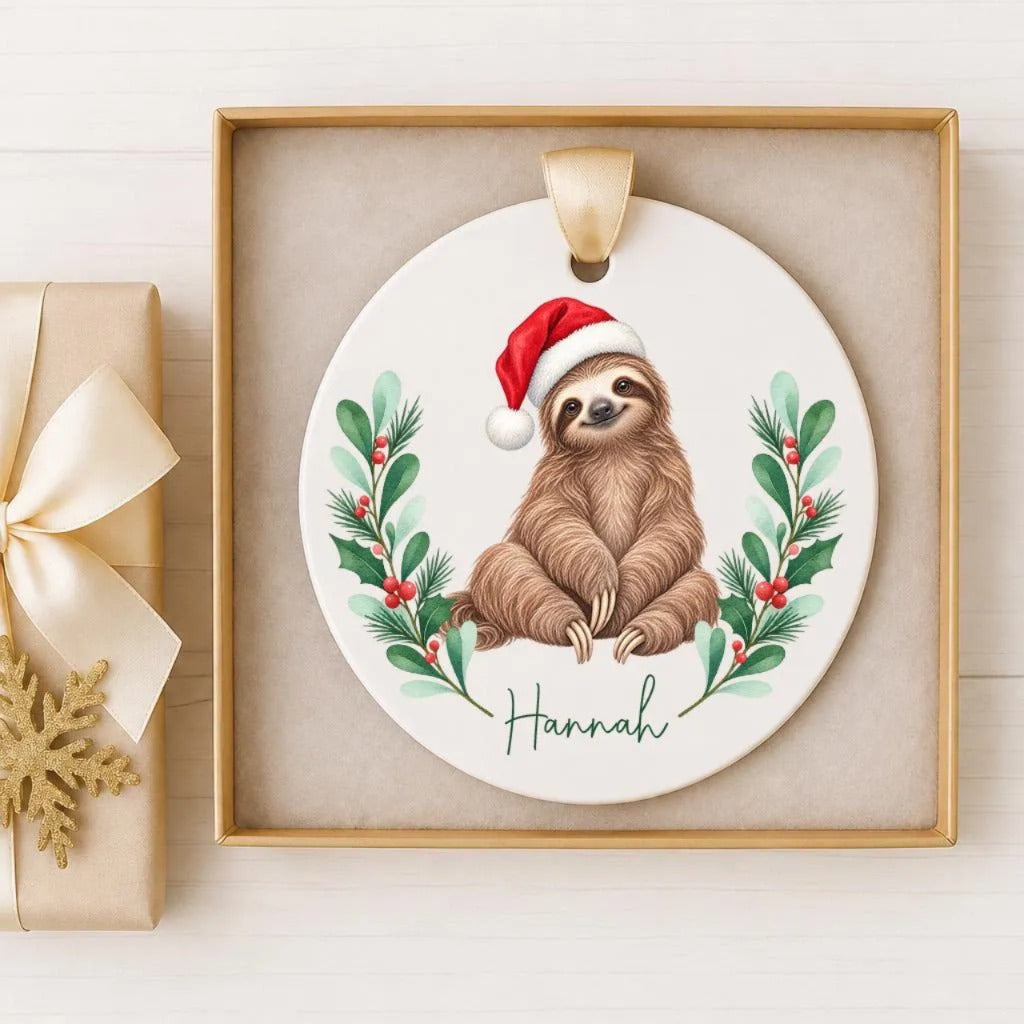 A ceramic ornament featuring a sloth wearing a Santa hat, surrounded by holly leaves and berries, with the name "Hannah" written below.