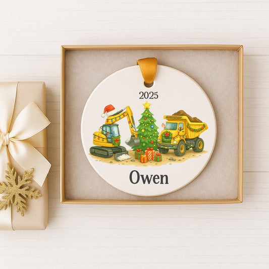 Personalized Construction Ornament 2025 • Excavator and Dump Truck Gift for Kids