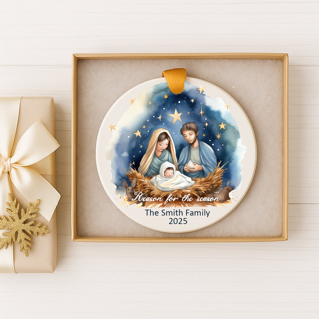 A decorative ornament featuring a nativity scene with a baby Jesus, surrounded by the Virgin Mary and Joseph, set against a starry night sky.