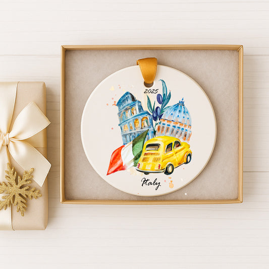 A decorative ornament featuring a yellow car, a blue and white building, and a red and white flag, all set against a white background.