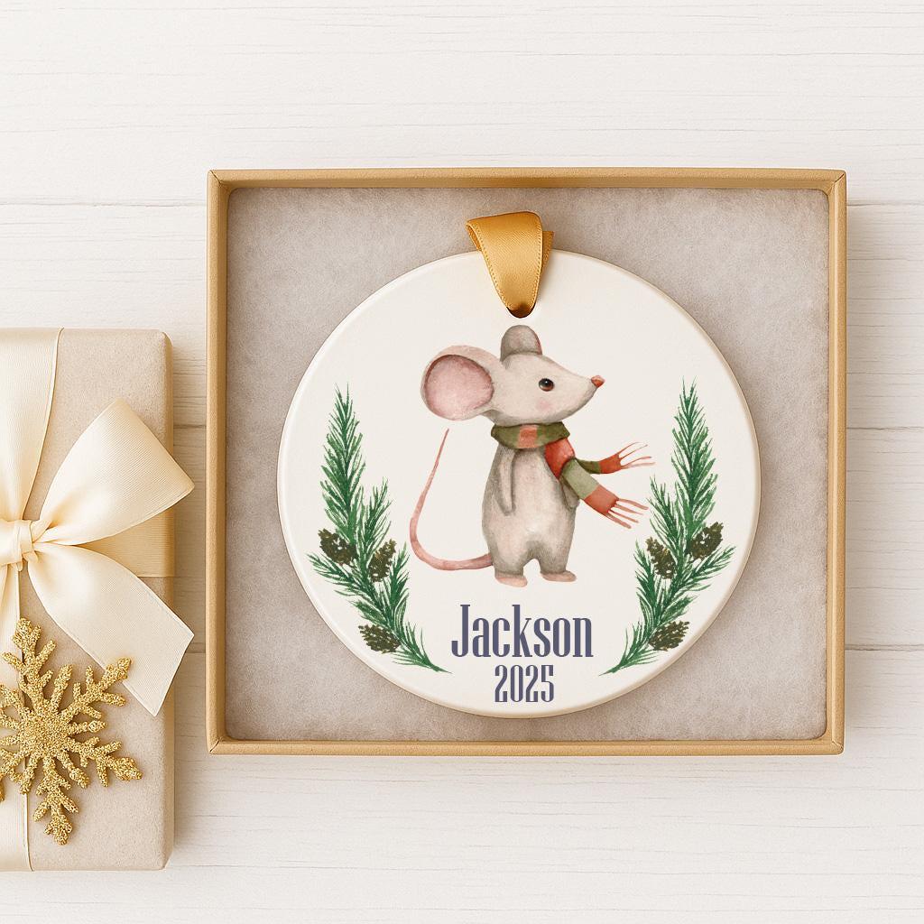 Personalized Christmas Mouse Ornament: Ceramic Animal Keepsake