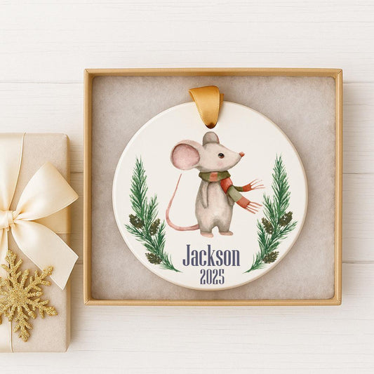 Personalized Christmas Mouse Ornament: Ceramic Animal Keepsake