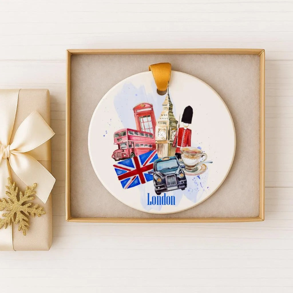 A decorative ornament featuring various iconic landmarks and symbols of London, including the Tower Bridge, Big Ben, and the London Eye, displayed in a frame.