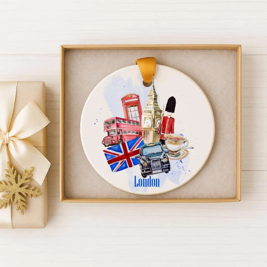 A decorative ornament featuring various iconic landmarks and symbols of London, including the Tower Bridge, Big Ben, and the London Eye, displayed in a frame.