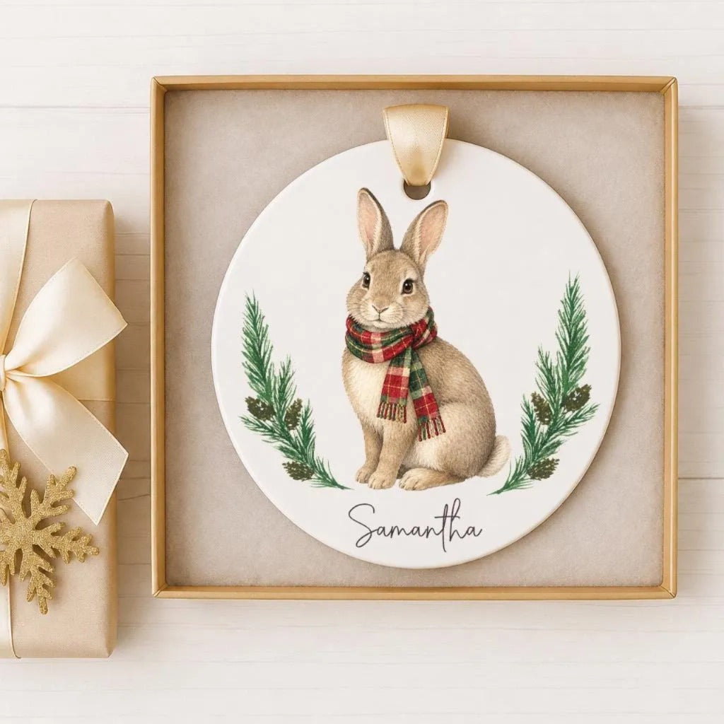 A ceramic ornament featuring a rabbit wearing a scarf and surrounded by pine branches and pine cones, with the name "Samatha" written on it.