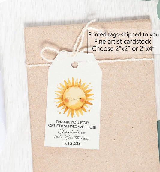 Personalized sun birthday favor tags, one around the sun, here comes the son, 1st birthday, first, boho, sunshine, trip around the sun