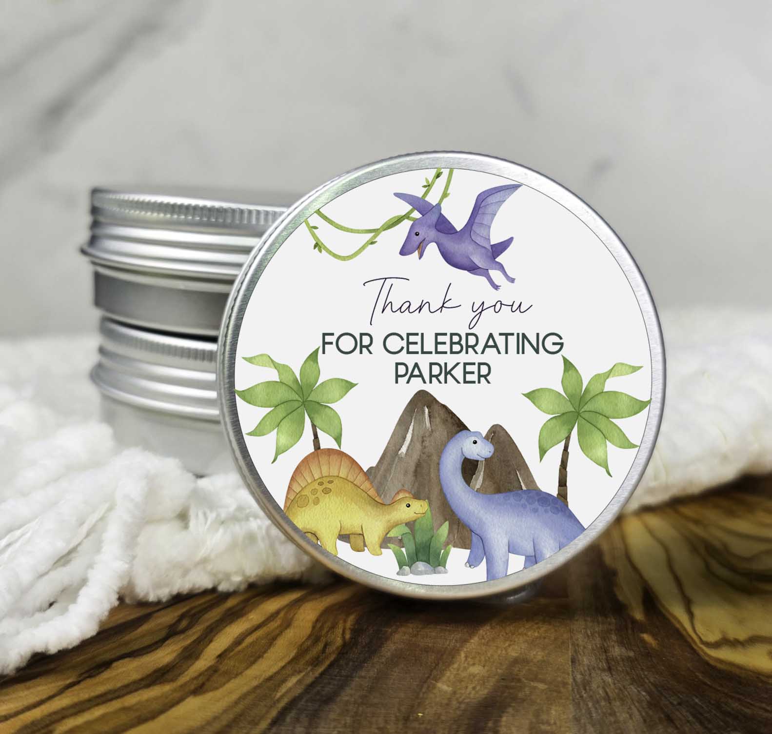 a tin of birthday candles with dinosaurs on it