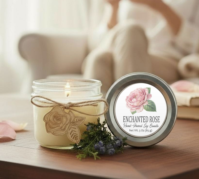 a candle in a glass jar with a label that reads "Enchanted Rose Hand-Poured Soy Candle" and a metal tin with a label that reads "ENCHANTED ROSE Hand-Poured Soy Candle Net Wt. 3.5 OZ (1 lb)". The candle and tin are placed on a wooden table, with a blurred background that includes a person sitting on a couch.