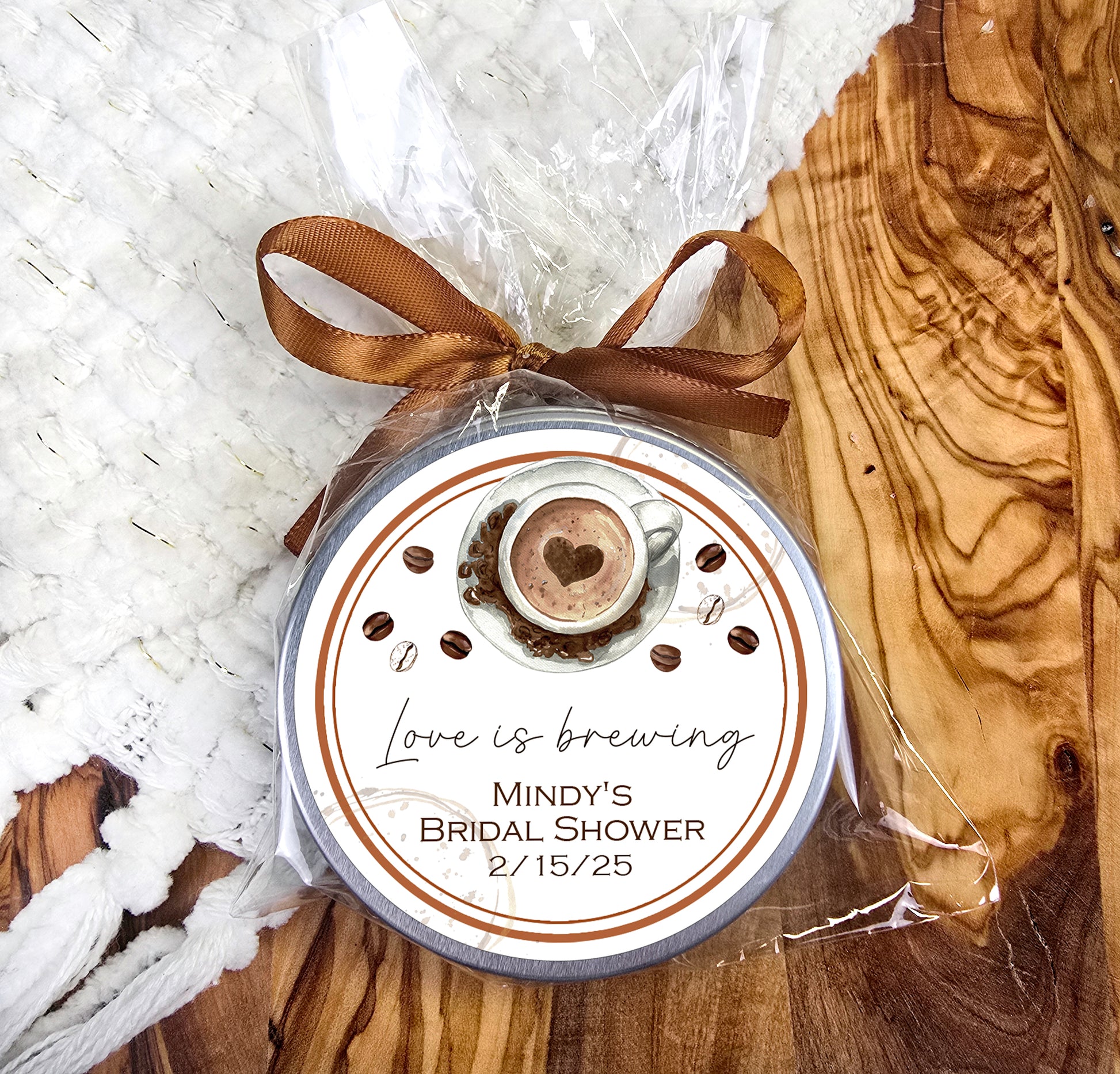 a brown ribbon around a brown and white clock