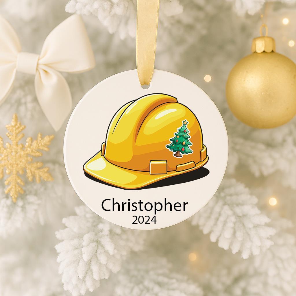 Personalized Construction Worker Ornament • Builder Gift 2024 • Custom Hard Hat Keepsake • Tradesman Christmas Decoration