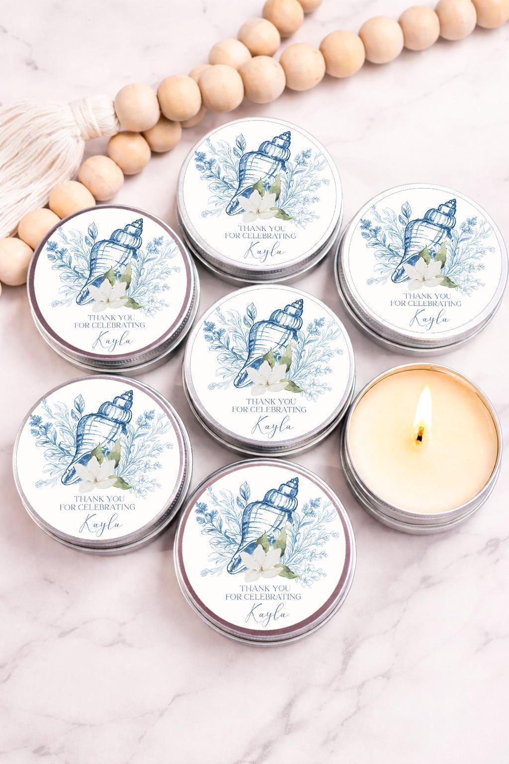 Blue Seashell Candle Favors, Personalized Shower Thank You Tins for Coastal Celebrations