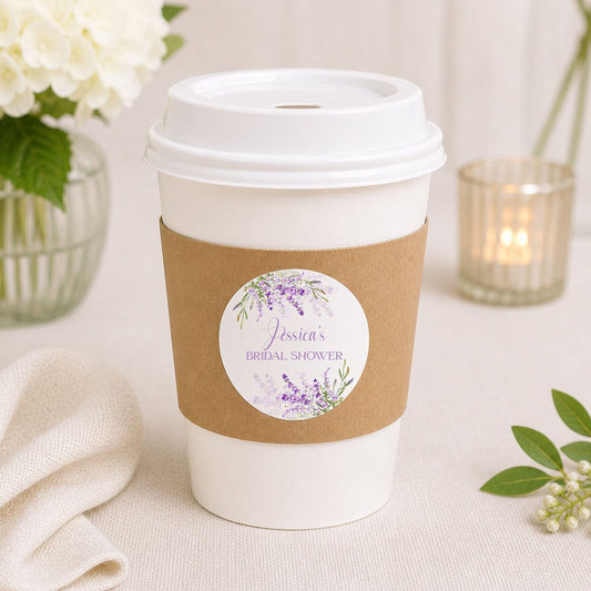 Lavender bridal shower coffee cup with personalized round sticker label on sleeve