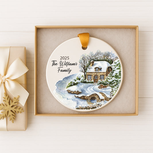 A decorative ornament in a gold box, featuring a winter scene with a house, trees, and a snow-covered landscape.