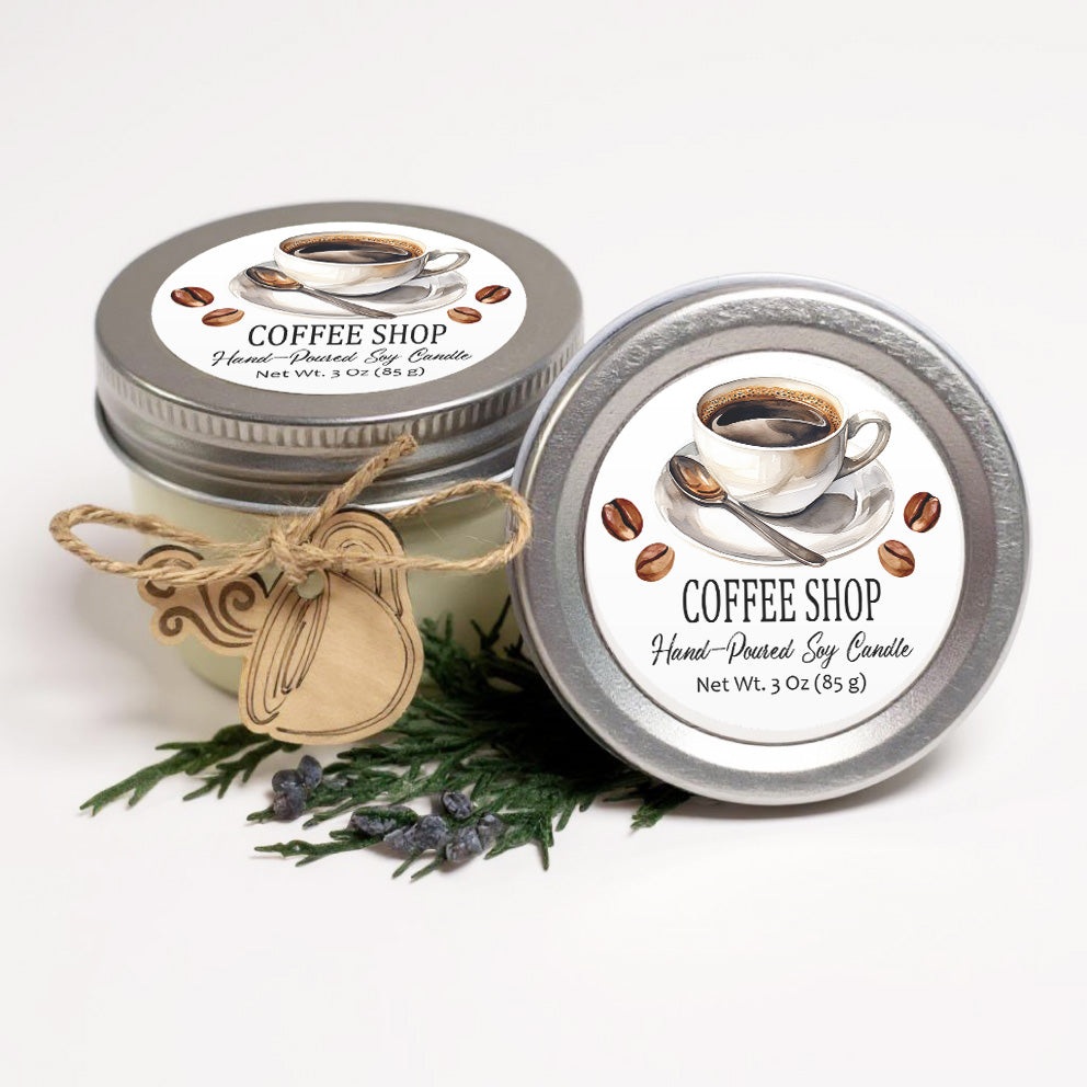 two jars of hand-poured soy candle, with labels that describe the candles as "Coffee Shop" and "Hand-Poured Soy Candle".