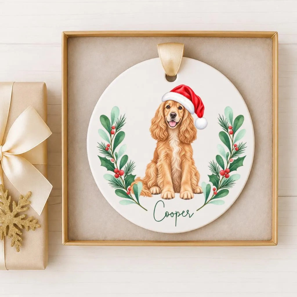 A ceramic ornament featuring a golden retriever dog wearing a Santa hat, surrounded by a wreath of holly and berries.